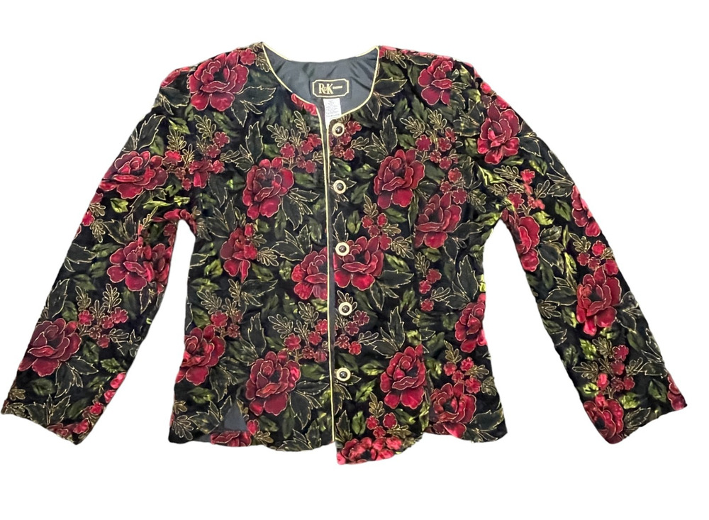 Vintage R&K Evenings Blazer Jacket Black Red Floral Button Down Size 14 Missy